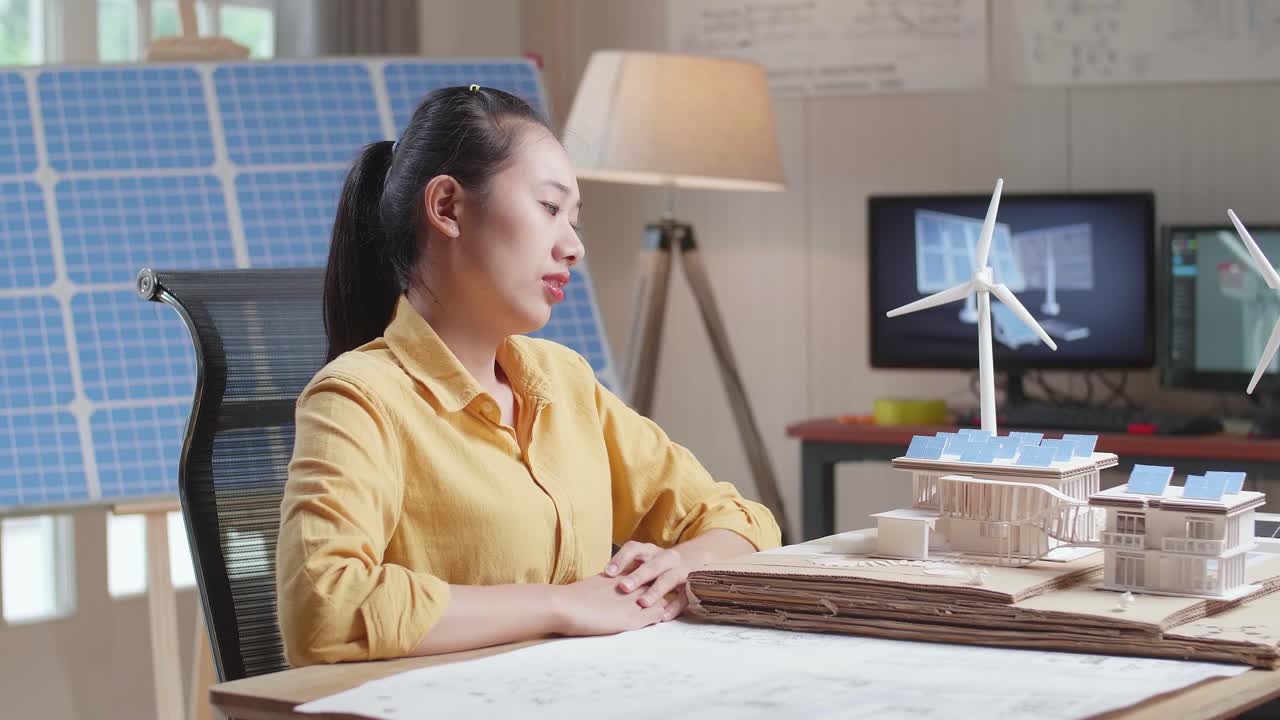 불만족 한 아시아 여성 이 태양 전지판 을 가진 작은 집 의 모델 을 들고 있는 측면 시선