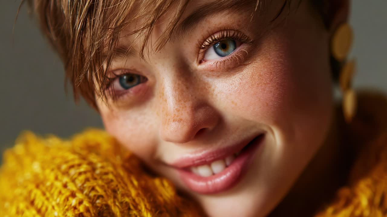 A Bright and Cheerful Portrait of a Young Woman with Short Hair, Wearing a Cozy Yellow Sweater, Smiling Warmly at the Camera, Radiating Joy and Positivity