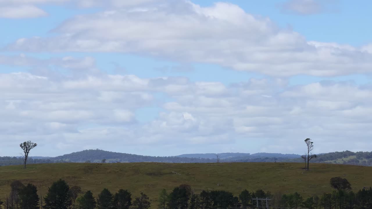 A wide view of distant hills under a sky filled with clouds, framed by a line of trees.