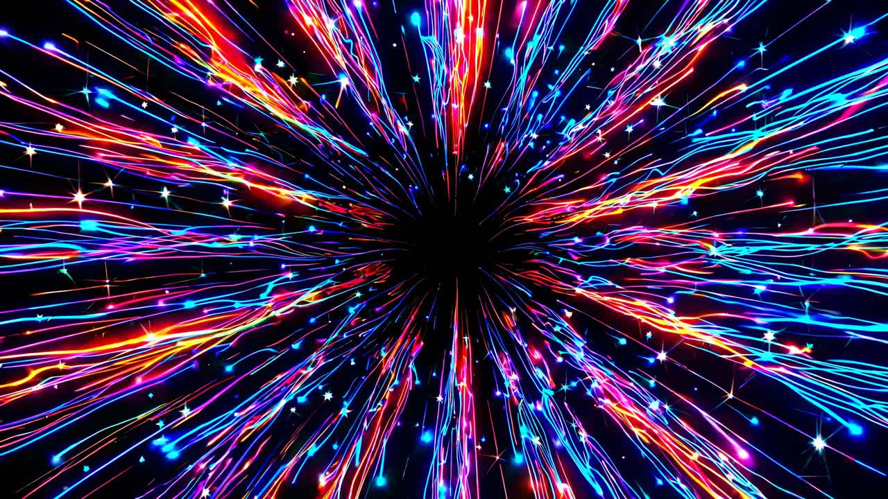 Dynamic video concept of colorful light streaks radiating from a central point