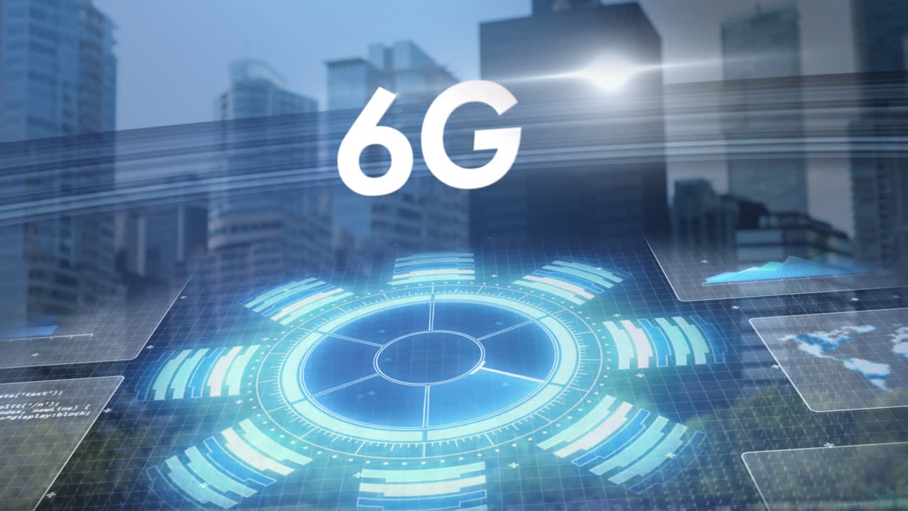 animazione di testo 6g, elaborazione dei dati e paesaggio urbano.