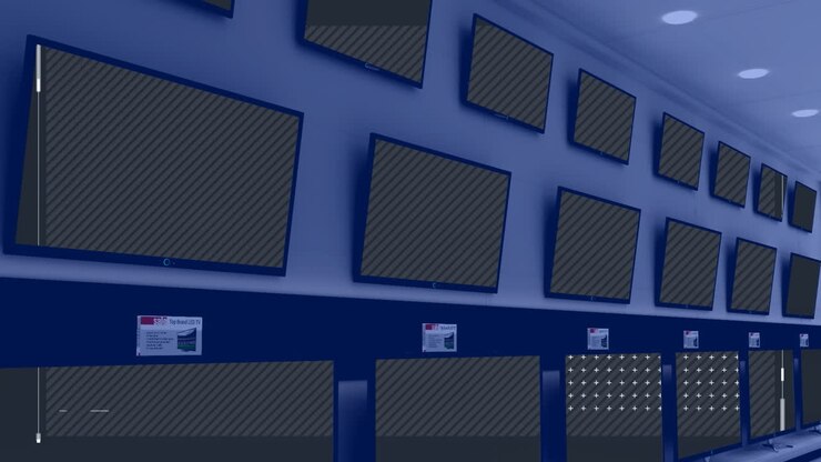 Animation of rows of television sets in store with glowing screens with copy space