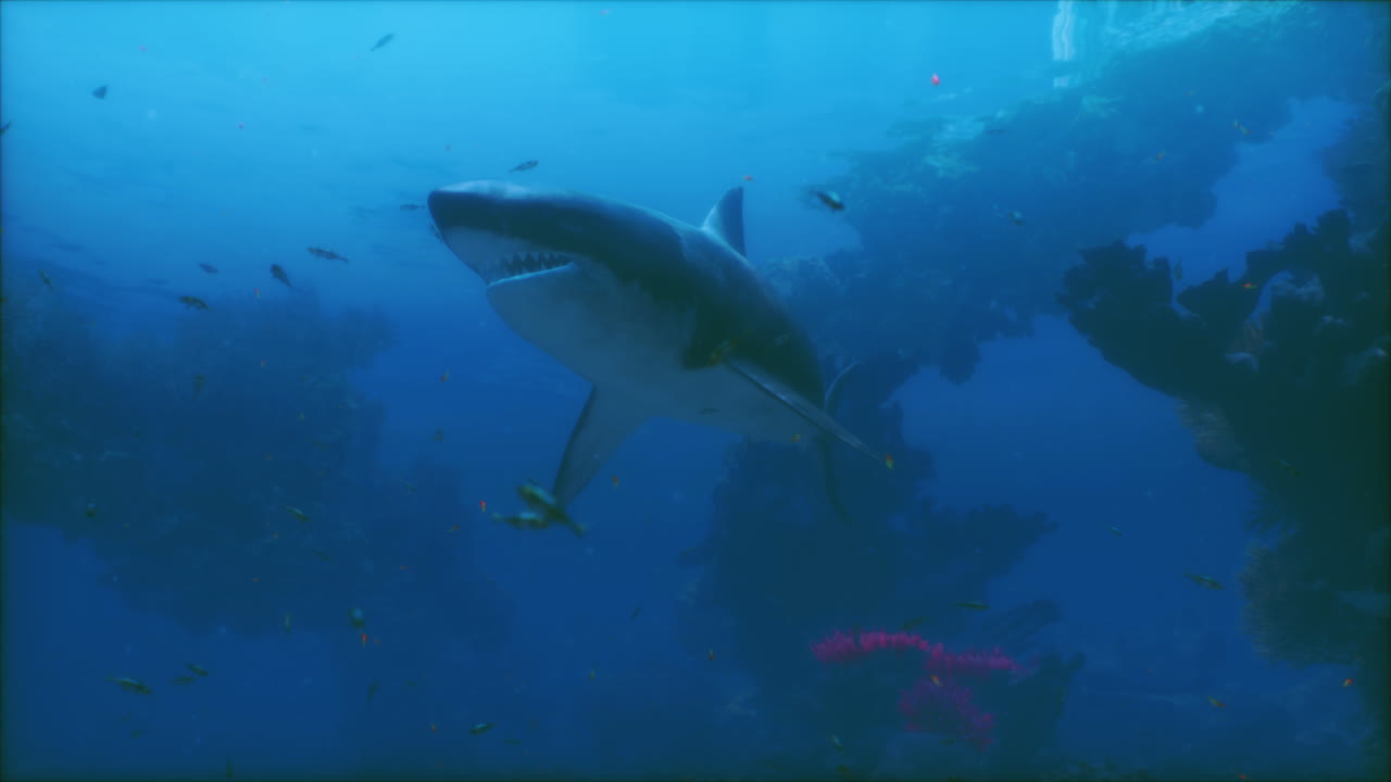 gran tiburón blanco en el arrecife de coral