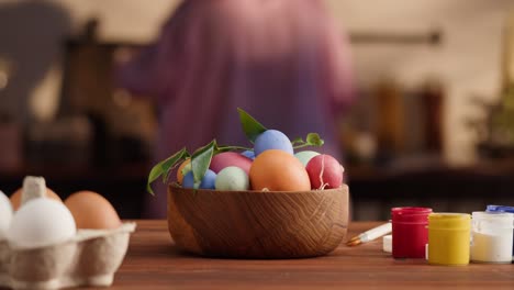 happy easter holiday. colored eggs close-up. preparing for easter, painting and decorating eggs. christian celebration, family traditions.