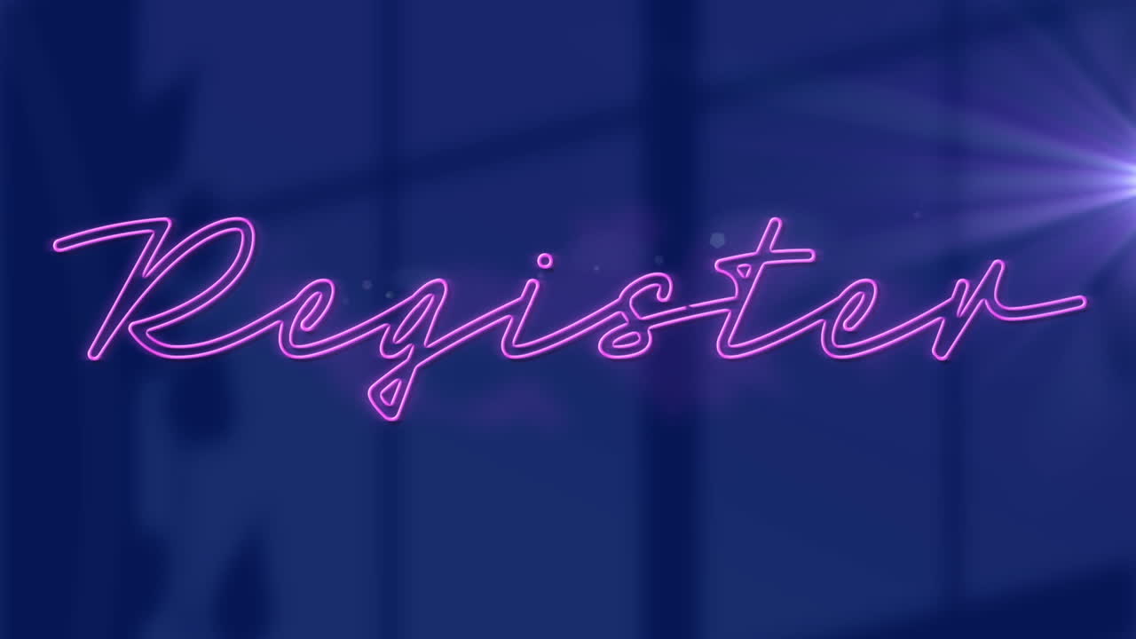 파란색 배경에 빛의 흔적 위에 레지스터 텍스트의 애니메이션