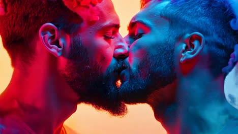 two men kissing in front of a colorful smoke cloud