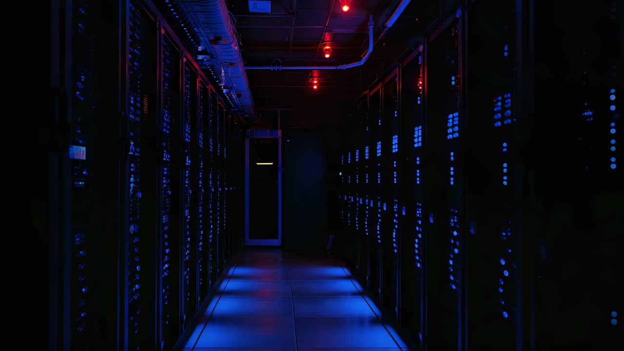 Powering server racks lighting data center aisle with blinking blue LEDs and red strobe