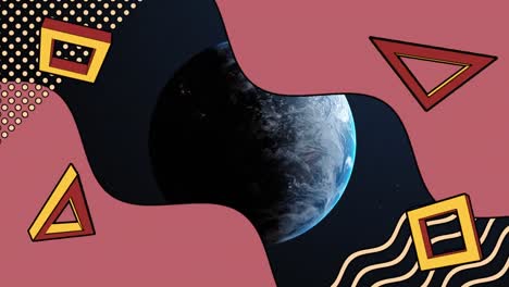 Animation-of-retro-abstract-shapes-over-planet-earth