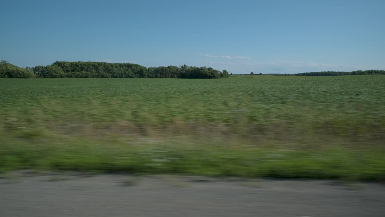 Shot from a moving car on the side of the road at the edge of fields