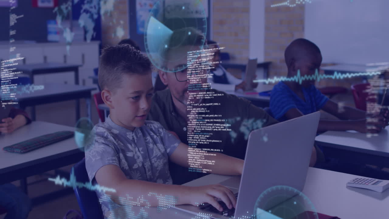 Animation of data processing over caucasian male teacher and schoolchildren in classroom