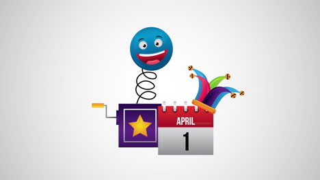 happy fools day card with surprise box and crazy emoji