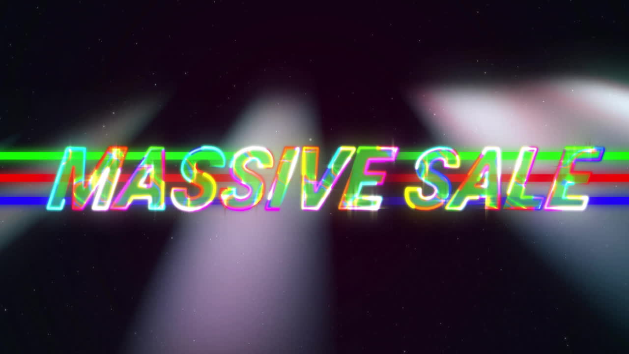 Animation of vibrant glitch effect on colorful Massive Sale text on dark background