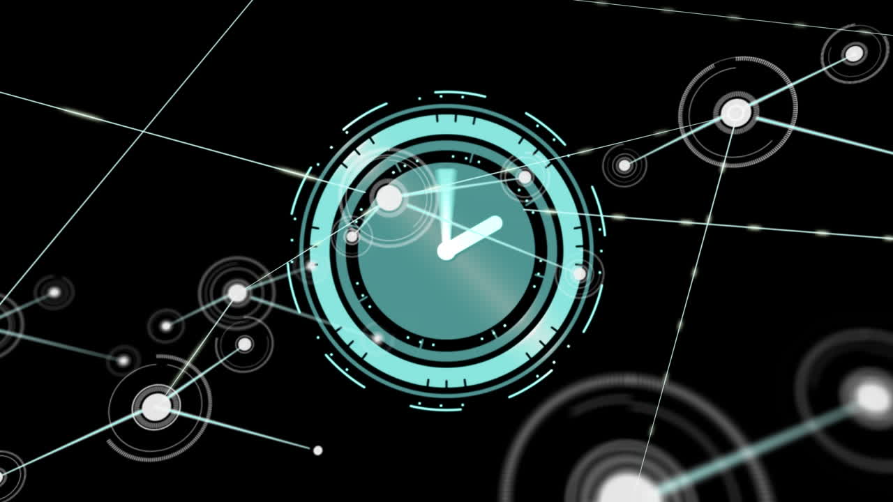 Animazione di rete di connessioni su un orologio in movimento su sfondo nero