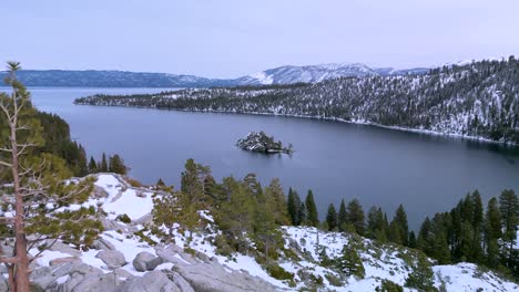 aerial of emerald bay and fannette island in winter, lake tahoe, california