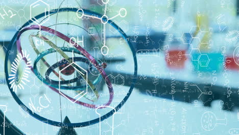 Animation of chemical compounds and scientific formulae over atom model in laboratory