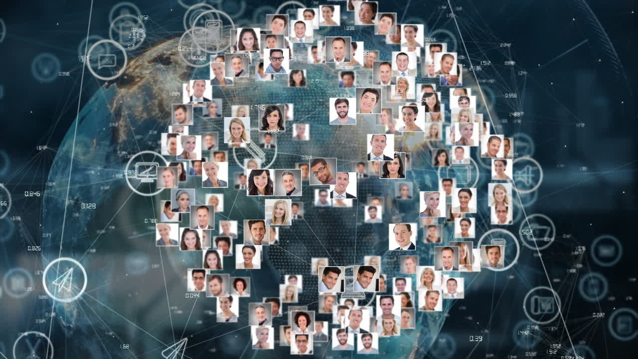 전 세계를 돌아다니는 다양한 남녀 사업가들의 사진의 애니메이션