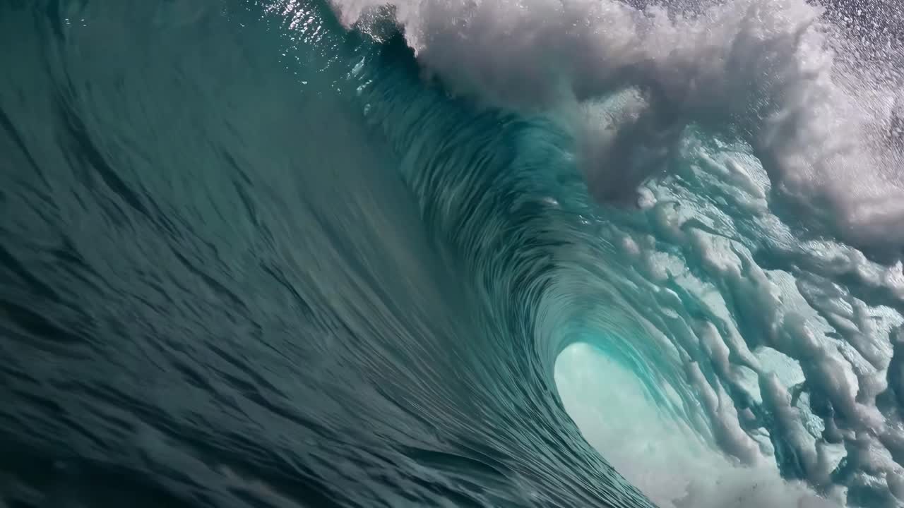 Dynamic video concept capturing a close-up, inside view of a powerful ocean wave