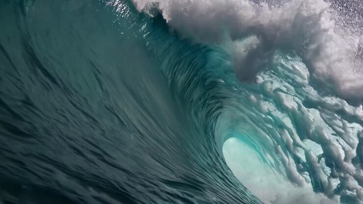 Dynamic video concept capturing a close-up, inside view of a powerful ocean wave