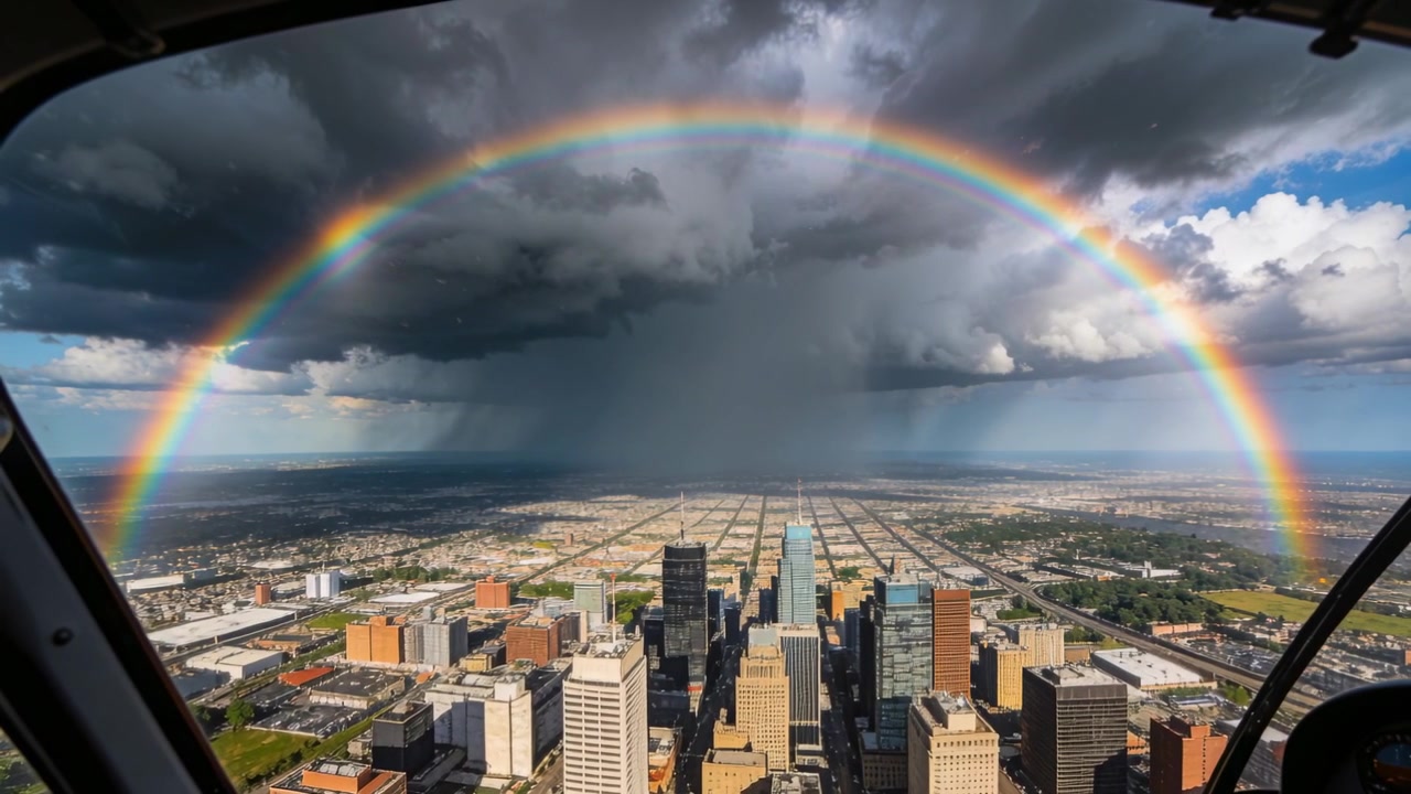 コックピットカメラが、都心のスカイラインにかかる鮮やかな虹のアーチを捉え、太陽が雨柱を照らし出す。