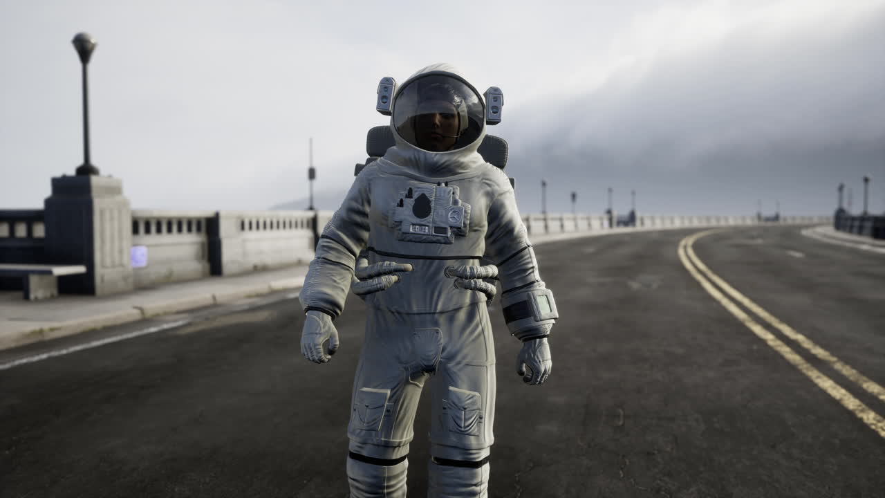 astronaut in space suit on the road bridge