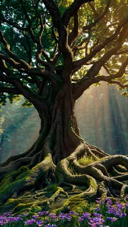 majestic tree with sprawling roots in a sunlit forest, captured from a low-angle, evoking a fantasy