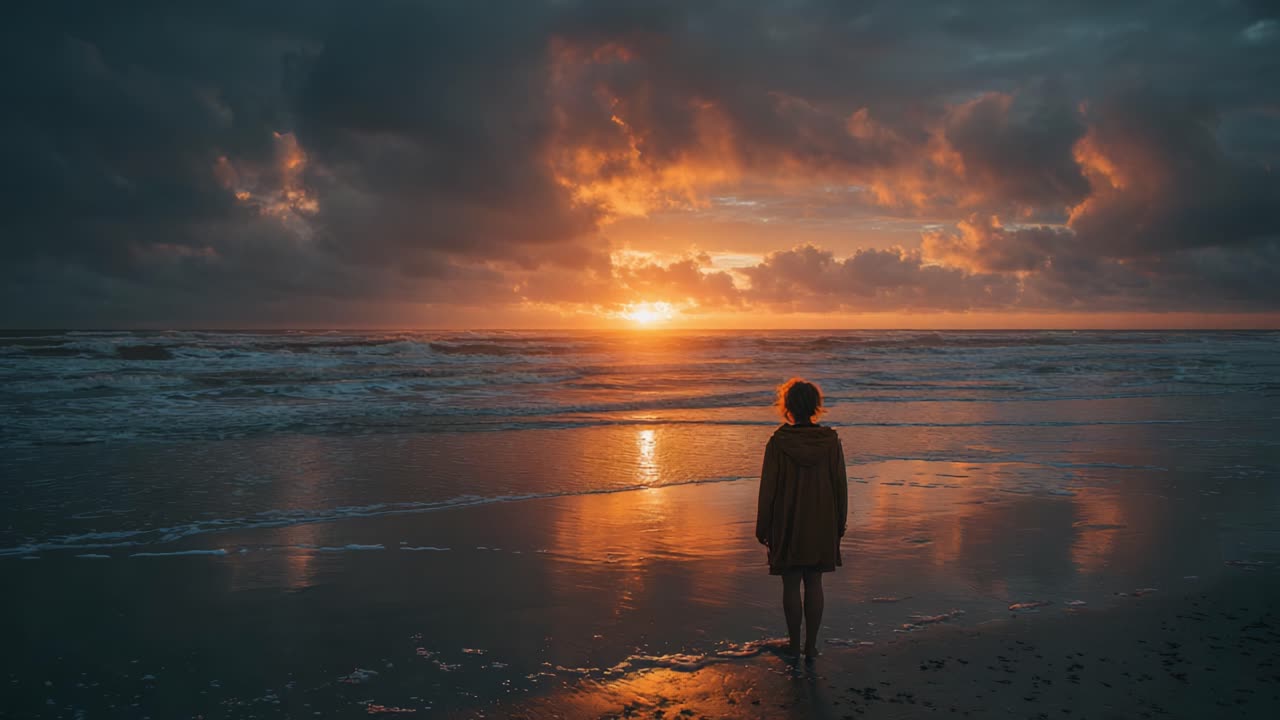 Contemplating the Beauty of Twilight: A Solitary Figure Gazes at the Vibrant Sunset Over Calm Ocean Waters, Creating a Serene and Reflective Atmosphere at Dusk