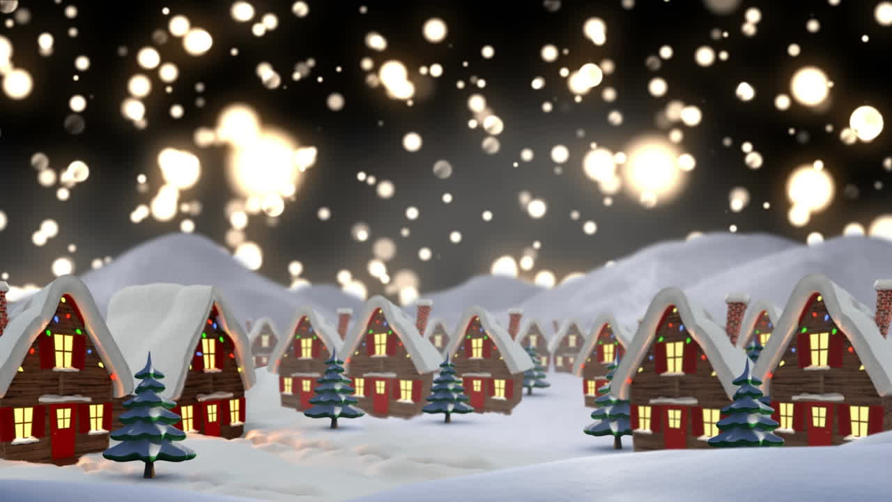 검은 바탕에 장식 된 집과 빛의 반점이 있는 겨울 풍경의 애니메이션