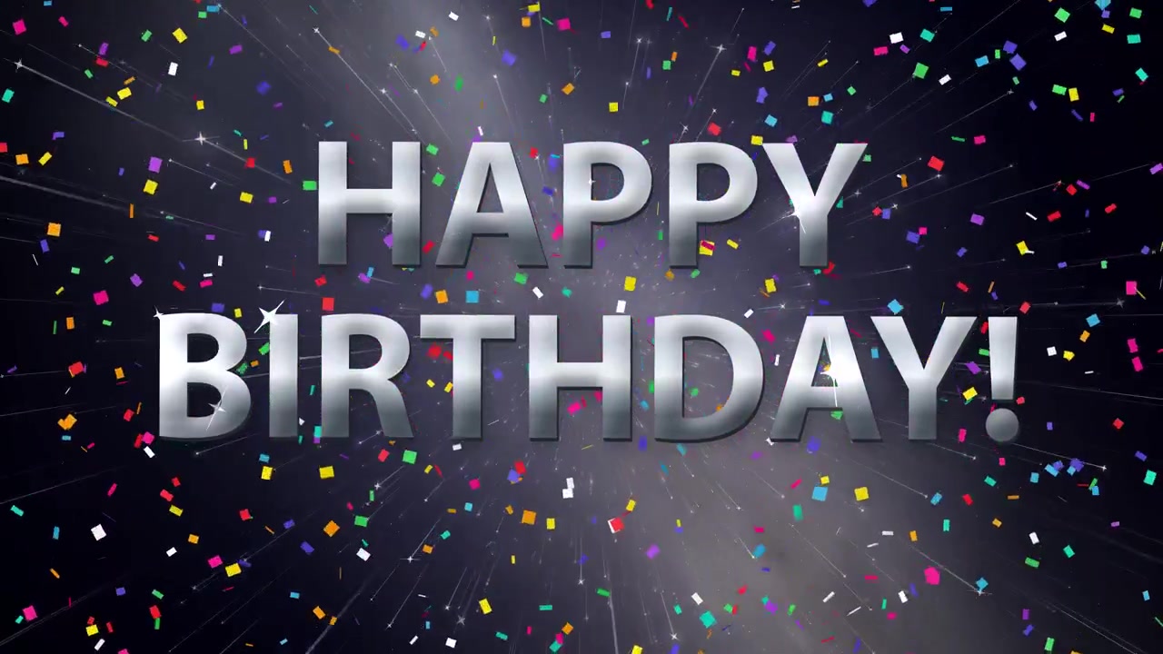 Testo 'Buon Compleanno' color argento appare su coriandoli colorati che cadono e un cielo notturno stellato in movimento