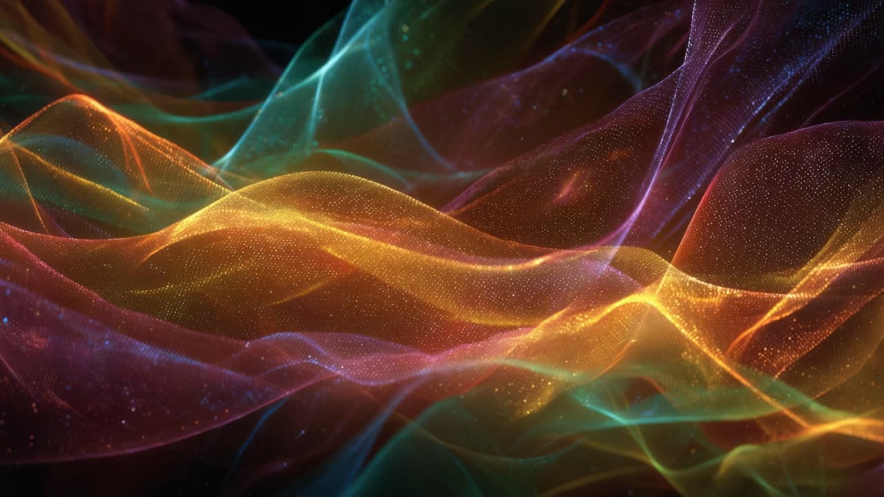 Shimmering particles creating a vibrant, abstract landscape of flowing waves in orange, gold, and teal colors, gently undulating against a dark backdrop in a seamless loop animation