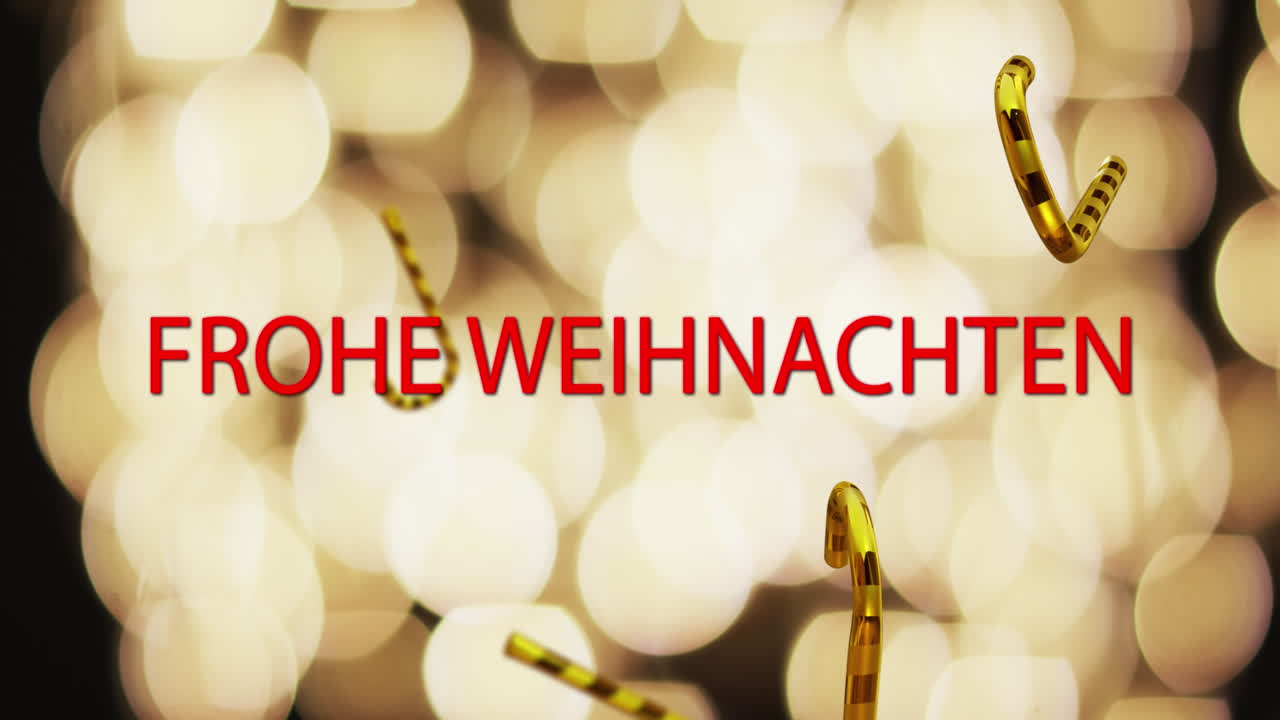 Animation von „Frohe Weihnachten“-Text über Zuckerstangen und Bokeh-Lichtern