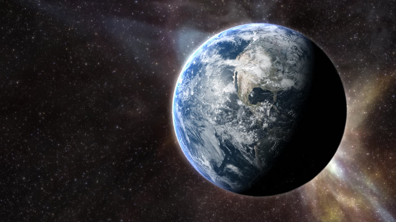 Epic cinematic motion graphic of Earth’s sunrise from orbit, showcasing a glowing blue atmosphere, dramatic lighting, twinkling stars, and vibrant colorful nebula clouds in the vast deep cosmos