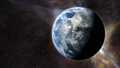 epic cinematic motion graphic of earth’s sunrise from orbit, showcasing a glowing blue atmosphere, dramatic lighting, twinkling stars, and vibrant colorful nebula clouds in the vast deep cosmos