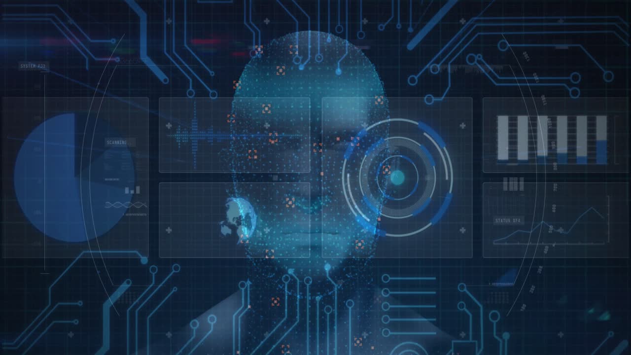 animación de visores que escanean la cabeza humana sobre la cuadrícula