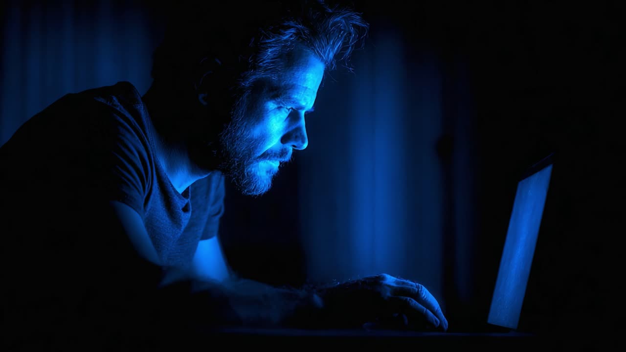 A Deep Focus: An Intense Late-Night Session Illuminated by a Laptop Screen, Capturing the Essence of Concentration and Digital Engagement