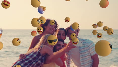 iconos de emoji con amigos tomando una selfie en el fondo