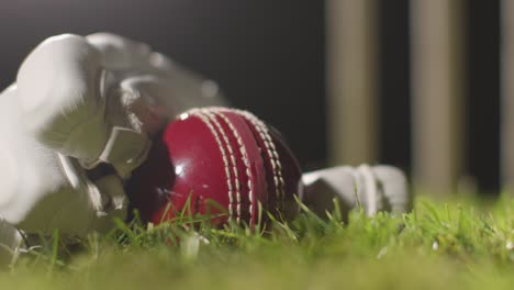 cricket still life with close up of ball lying in glove on grass in front of stumps 3