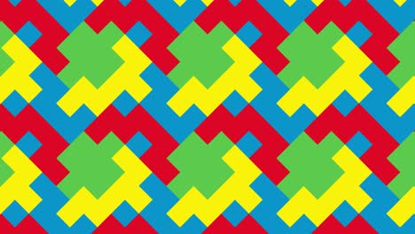 patrón geométrico con azulejos animados en colores primarios audaces. formas multicolores abstractas en un mosaico dinámico mínimo. fondo gráfico en movimiento en un diseño plano