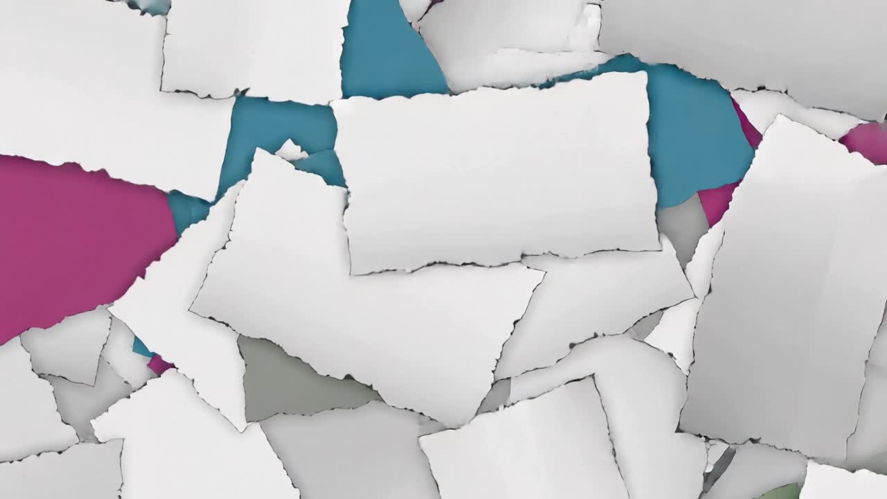 On playback shifting torn paper pile revealing colored layers in studio with white sheets shadows