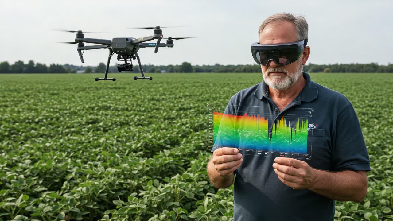 A man utilizing advanced technology to analyze agricultural data while operating a drone in a vast green field, showcasing modern farming practices and innovations