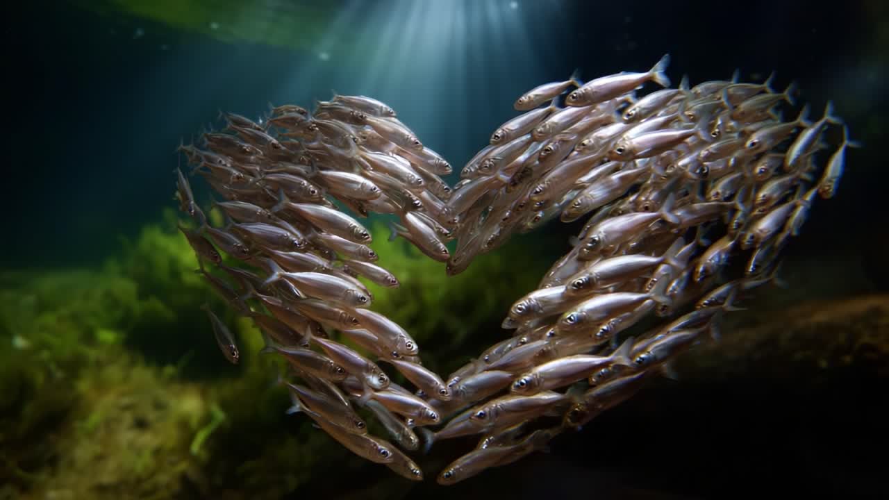 Un’affascinante formazione di pesci che creano una forma a cuore sott’acqua, con la luce del sole che filtra attraverso la superficie, a rappresentare l’unità e l’amore nella natura