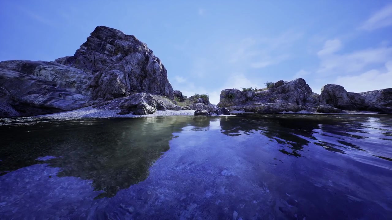 Vasto scenario cinematografico di costa rocciosa con cielo sereno e primo piano texturizzato.