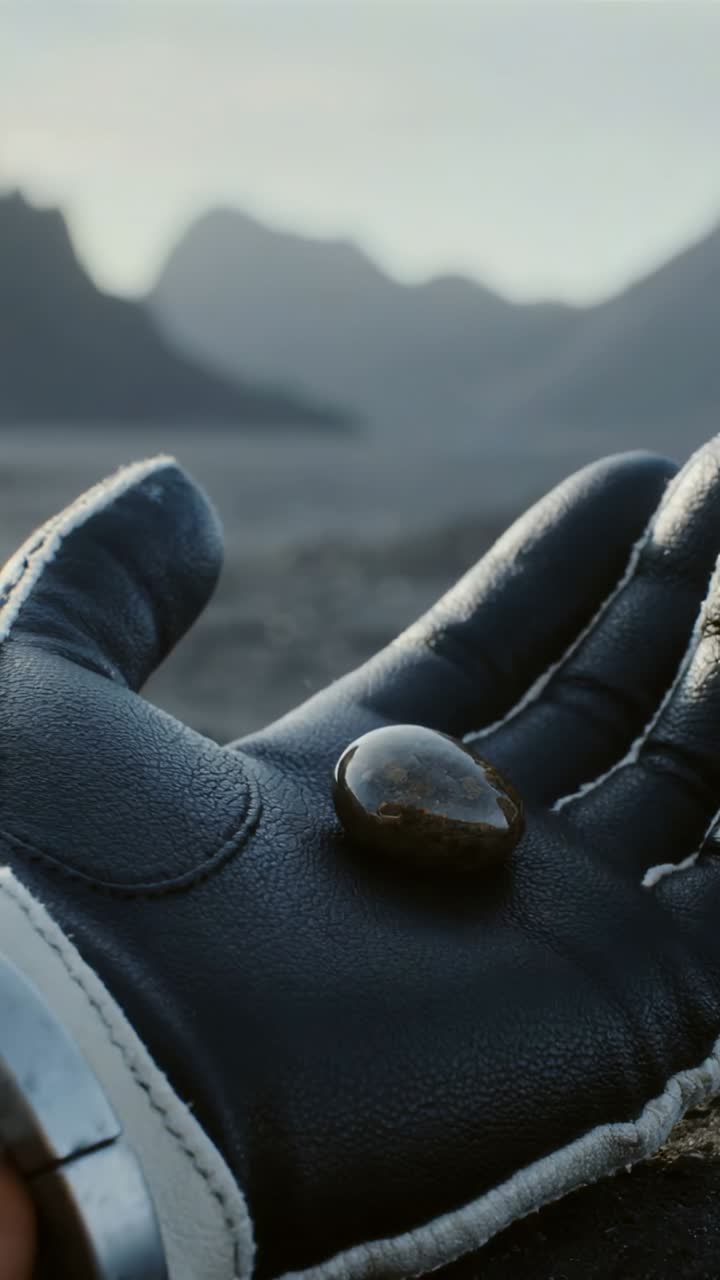 Vertical video: Holding close, leather gloved hand presenting glossy stone near jagged mountains