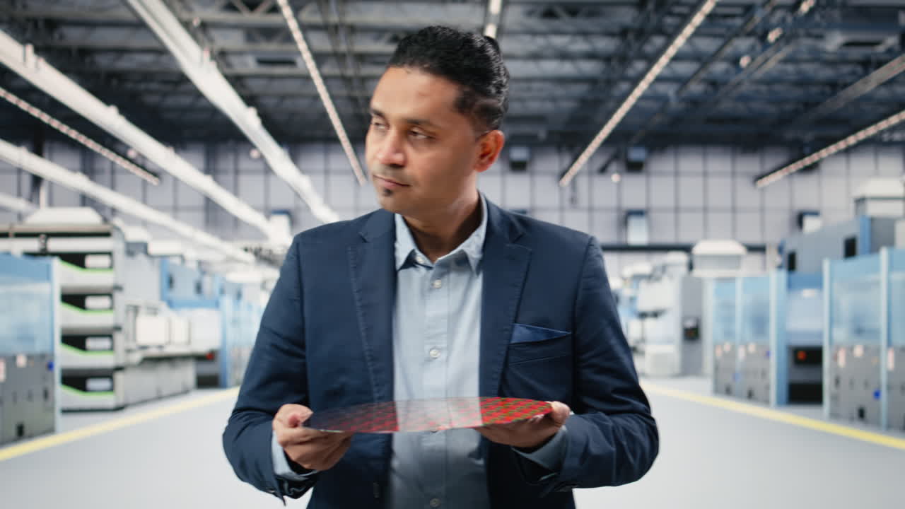 Manager holding processed silicon wafer inside automated manufacturing plant
