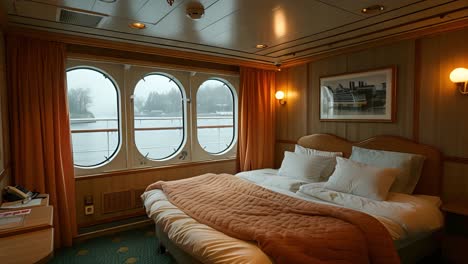 cruise ship cabin with porthole windows and ocean view