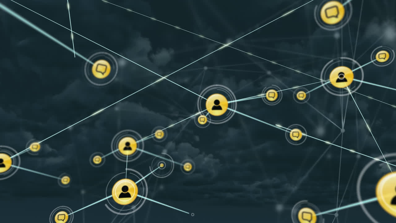 Animation of network of connections with people icons over sky and clouds