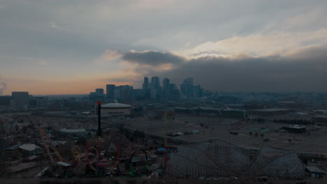 aerial view of push in on downtown denver at sunrise