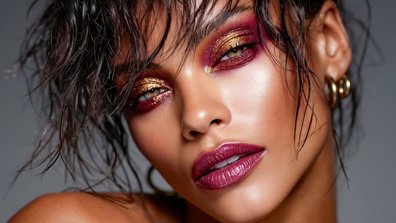 A woman with wet hair and a gold eye makeup look