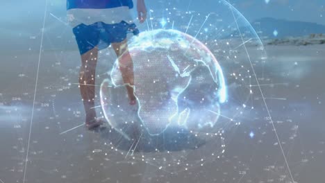 animation of globe with network of connections over man using smartphone