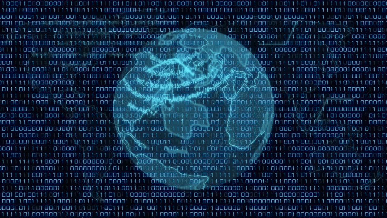 Glowing blue digital globe floating in dark cyberspace, with scrolling binary code matrix