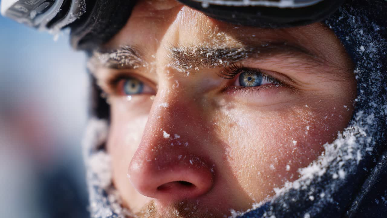 Närbildsporträtt av en målmedveten snowboardåkare med frostiga drag och slående blå ögon som visar upp skönheten i vintersport och äventyrsentusiasm